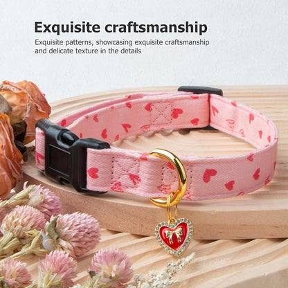Cotton Handmade Dog Collar Cute and Distinctive Patterns Pink Heart with Pendant for Girl Boy Dogs Collars M