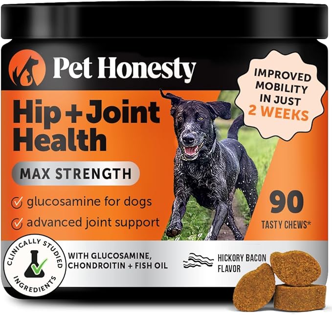 Pet Honesty Hip & Joint Health Max Strength – Dog Joint Support Chews with Glucosamine Chondroitin & Omega-3s – Joint Supplement for Dogs to Support Mobility, Flexibility & Comfort – Bacon (90 ct)
