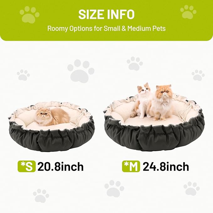 Cat Bed for Indoor Cats, 24.8 Inch Adjustable Small Dog Beds for Puppy & Kitty, Round Kitten Bed with Drawstring, Extra Soft & Machine Washable