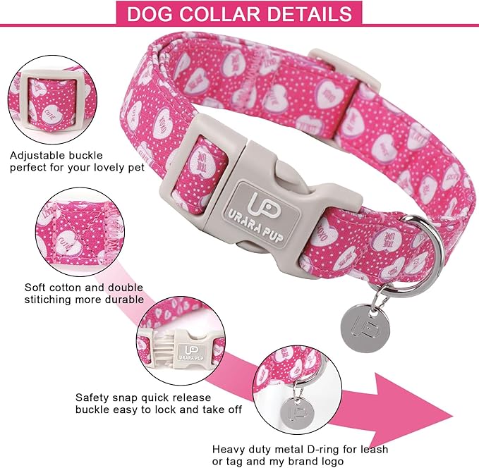 UP URARA PUP Valentine’s Day Dog Collar, Pink Heart Dog Collar with Quick Release, Valentine’s Day Gift Pet Collar for Puppy Girl Boy Dog, Wedding Dog Collar