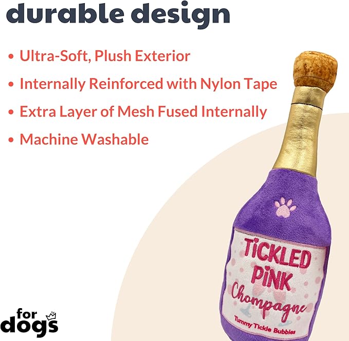 Huxley & Kent Tickled Pink Chompagne Valentine's Day Power Plush Dog Toy with Squeaker (Large) - Funny and Cute H&K Squeaky Toy for Dogs