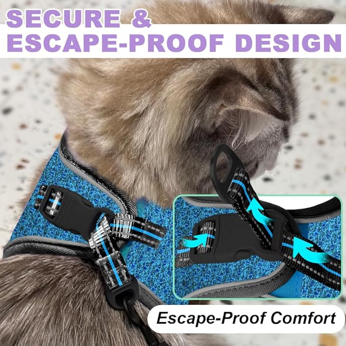 Cat Harness and Leash Set,Escape Proof Kitten Harness,Step in Adjustable Soft Lightweight,Easy Control,Reflective Strips Comfortable for Walking Travel(Blue/Black,XS)