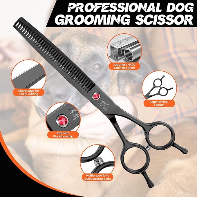 JASON 7.5" Dog Grooming Scissor - Professional Thinning Shear with 37 Teeth Japanese Stainless Steel Blender Scissors for Dogs, Cats and Other Pets (Thinning, Black) Christmas Gift