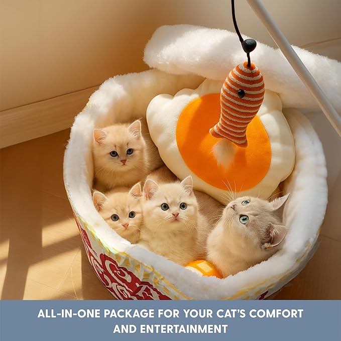 Cat Ladies Ramen Cat Bed - Cozy 5-Piece Soft Nest Set with Blanket Pillows and Teaser Toy - Compact Noodle Bowl-Themed Pet Beds & Furniture - Small Warm Indoor Cushion for Cats