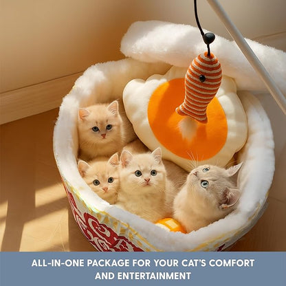 Cat Ladies Ramen Cat Bed - Cozy 5-Piece Soft Nest Set with Blanket Pillows and Teaser Toy - Compact Noodle Bowl-Themed Pet Beds & Furniture - Small Warm Indoor Cushion for Cats