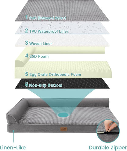 Orthopedic Dog Bed for Large Size Dog, XL Dogs Crate Bed, L Shaped Foam Anti-Slip Bottom Pet Cat Sofa with Washable Removable Cover, Suitable for Pet Up to 100 lbs, 42x30x7.5 inch, Grey
