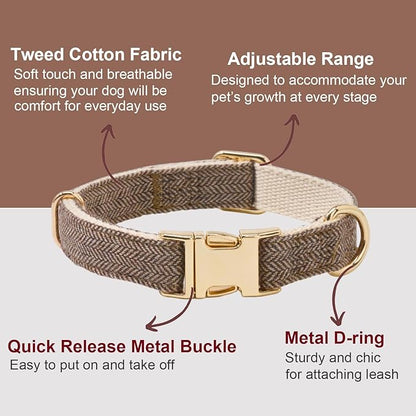 Ewinoom Soft Hemp Dog Collar and Leash Set Adjustable Woven Tweed Dog Collars with Metal Buckle and Lead for Small Medium Large Dogs,Coffee