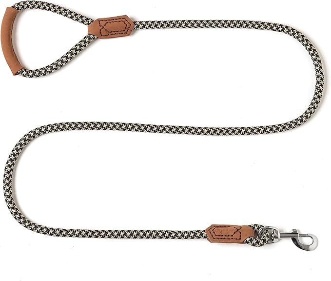 Mile High Life | Premium Leather Handle Dog Leash | Strong Rope Leash | Zinc Alloy Strong Clasp | Small Medium Large Dogs | 4/5/6 Feet(Black Khaki, 60 Inch (Pack of 1))