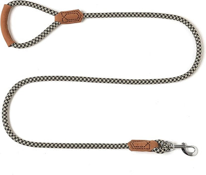 Mile High Life | Premium Leather Handle Dog Leash | Strong Rope Leash | Zinc Alloy Strong Clasp | Small Medium Large Dogs | 4/5/6 Feet(Black Khaki, 72 Inch (Pack of 1))