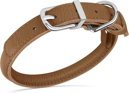 OOPSDOGGY Rolled Leather Dog Collar Soft Roll Collars for Small Medium Large Dogs Puppy (Brown, XS, 8"-11")