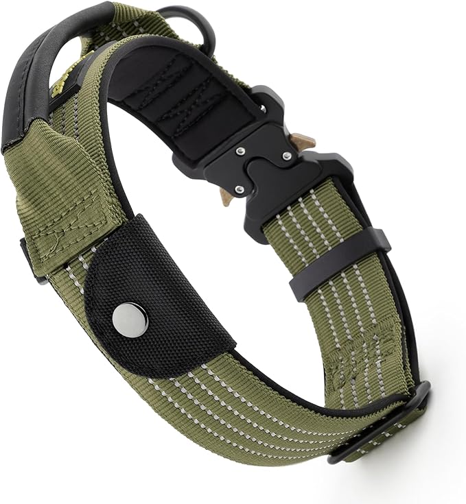 Plutus Pet Tactical Dog Collar with Tracker Pocket for AirTag, Adjustable Reflective Nylon Collar, Metal Buckle, Leather-Wrapped Handle, Soft Padded for Medium Large Dogs (Ranger Green, S)