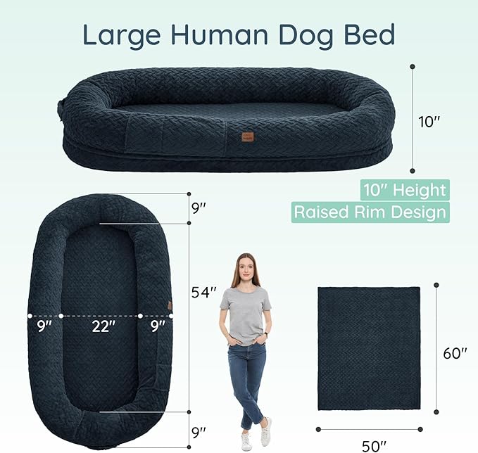 Human Dog Bed for Adult - Luxury Faux Fur Giant Size Dog Bed with Portable Handle, Egg Orthopedic Foam with Blanket, 72"x40"x10", Navy