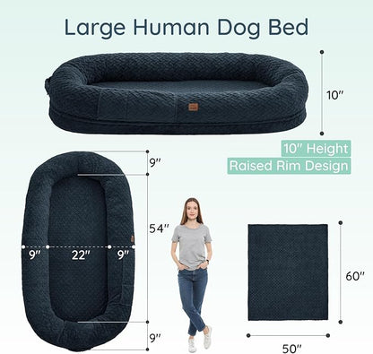 Human Dog Bed for Adult - Luxury Faux Fur Giant Size Dog Bed with Portable Handle, Egg Orthopedic Foam with Blanket, 72"x40"x10", Navy