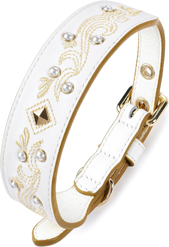 Blueberry Pet Western Genuine Leather Dog Collar for Small Breeds, Pearl White - Floral Embroidery, Pearl Studs, Adjustable 12-15 Inch Neck, Dog Collars for Small Dogs