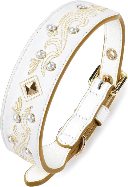 Blueberry Pet Western Genuine Leather Dog Collar for Small Breeds, Pearl White - Floral Embroidery, Pearl Studs, Adjustable 12-15 Inch Neck, Dog Collars for Small Dogs