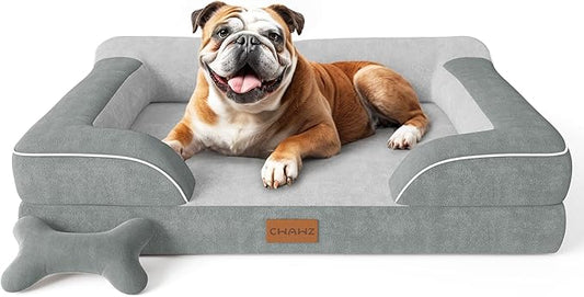 CWAWZ Dog Beds for Large Dogs, Orthopedic Dog Bed with Cooling Gel Memory Foam, Waterproof Large Pet Bed with Removable Washable Cover, 36" Pet Sofa Couch Dutch Velvet with Bone Toy, Light Gray