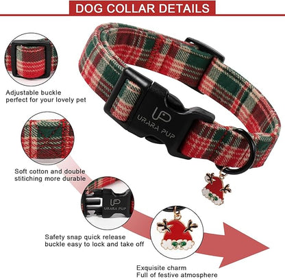 Christmas Dog Collar– Adjustable Red & Green Checkered Dog Collar for Small Medium Large Dogs, Soft Xmas Plaid Puppy Collars with Quick Release Buckle XL