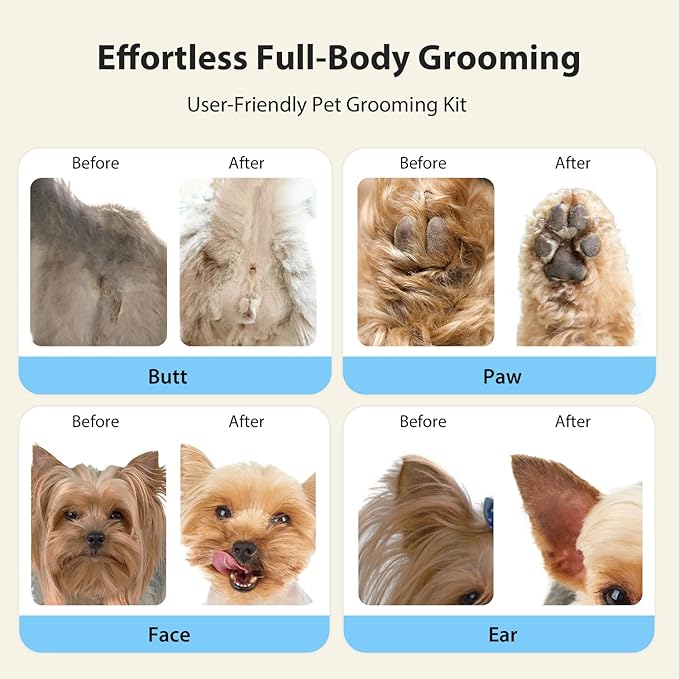 FuzzyFix Dog Grooming Kit, Dog Clippers for Grooming for Thick Curly Coats, Professional Pet Hair Shaver Paw Trimmer Cordless Rechargeable Low Noise for Dogs Cats Animals Face Ear