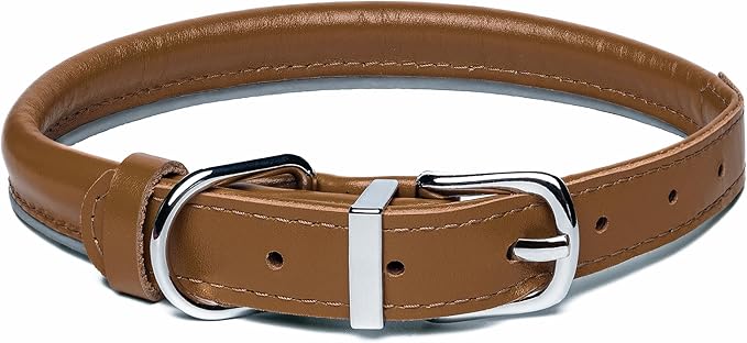 OOPSDOGGY Rolled Leather Dog Collar Reflective Roll Collars for Small Medium Large Dogs Puppy (Caramel, M, 12''- 15'')