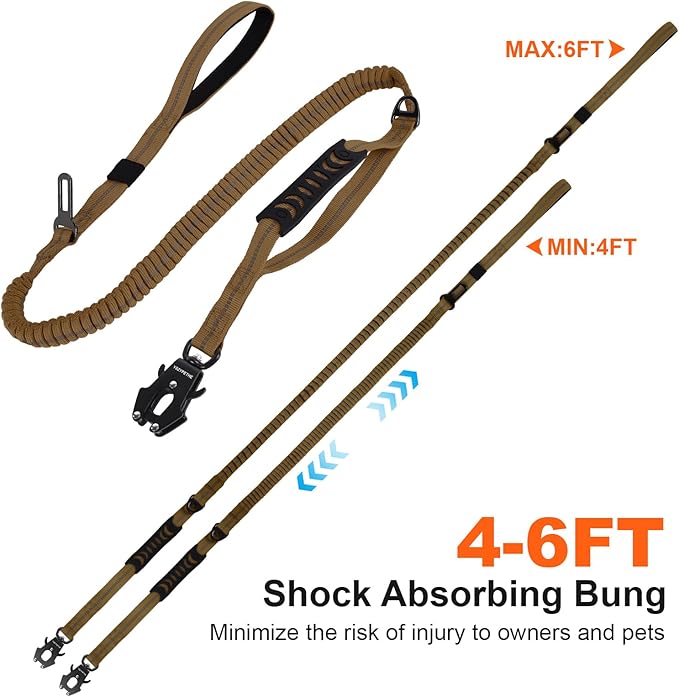 YSZYPETHE Heavy Duty Dog Leash, 4-6 Ft Shock Absorbing with Heavy-Duty Seatbelt Buckle & Dual Handles - No Bungee, for Medium to Large Dogs (Khaki)