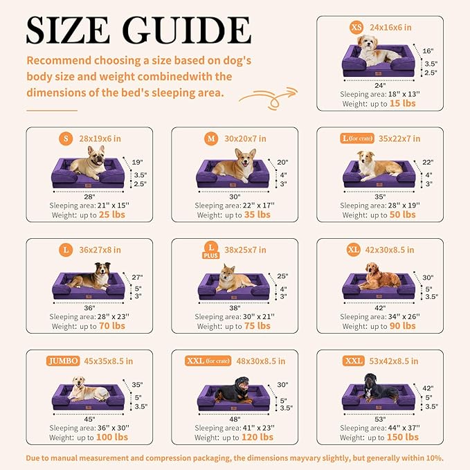 Comfort Expression Orthopedic Dog Bed for Large Dogs 36x27 Inch, Waterproof Egg Crate Foam Large Pet Bed with Removable Bolsters, Dog Couch with Washable Cover & Non-Slip Bottom, Deep Purple