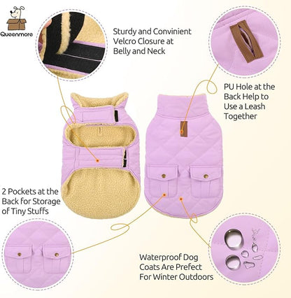 Queenmore Warm Dog Coat, Cold Weather Puffer Dog Coat Vest, Quilting Winter Pet Jacket Ultra Thick Plush Fleece Lining Pet Clothes for Dogs with Storage Pockets (Lilac, Medium)