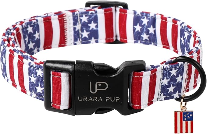 UP URARA PUP Flag Dog Collar, 4th of July Comfortable Cotton Dog Collars, American Flag Collar for Medium Girl Boy Dogs, Patriotic Collars with Quick Release