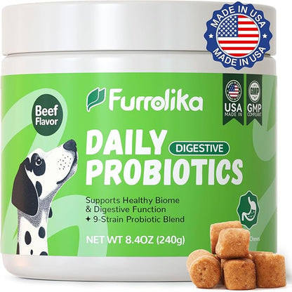 Furrolika Probiotics for Dogs – Supplements for Gut Health, Digestive Support, Immune Support & Diarrhea Relief – Beef Flavor Dog Probiotic Soft Chews
