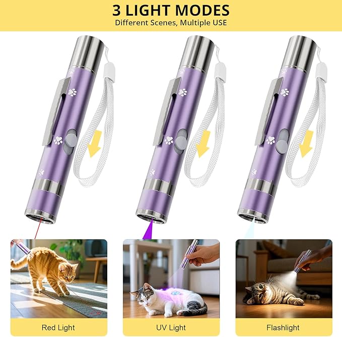 Cat Toy, 2 Pieces, Distinctive Purple Painted Metal Casing with Paw Print Design, Rechargeable, 3 Light Modes & 5 Adjustable Patterns, Interactive Chase Toy for Indoor Cats Training & Exercise