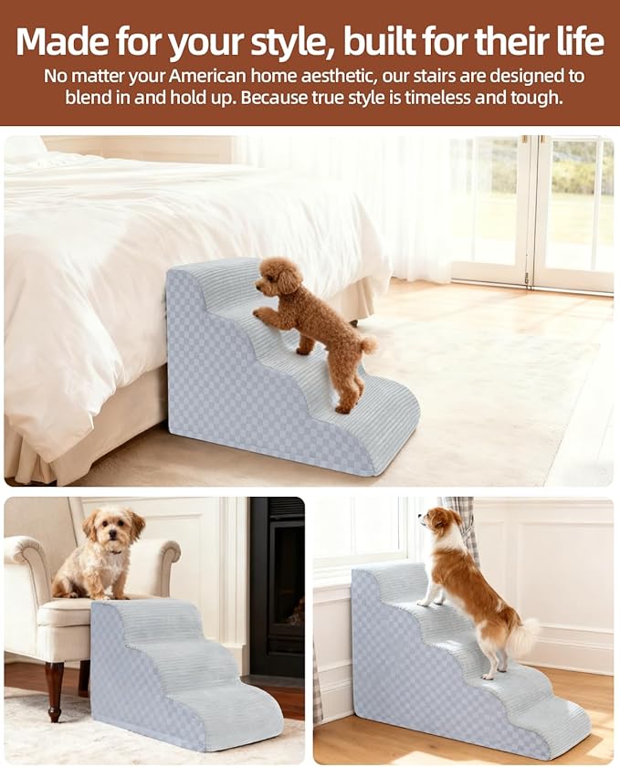 Dog Curved Stairs for High Beds 22" H, 5-Step Pet Stairs for Small Dogs with High Density Foam, Dog Slope Stairs with Durable Non-Slip Bottom Grey