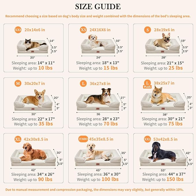 Comfort Expression Orthopedic Dog Bed for Extra Large Dogs 42x30 Inch, Waterproof Supportive Egg Crate Foam XL Pet Bed with Removable Bolsters, Dog Couch with Washable Cover & Non-Slip Bottom, Beige
