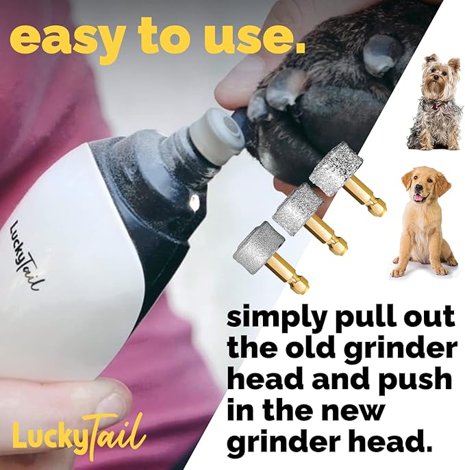 LUCKY TAIL - Dog Nail Grinder - Regular, Hard & Soft Replacement Head - Small & Large Dogs - Premium Quality - Diamond Tip Drill Bit - Professional Dog Nail Trimmers - Grooming Kit - 3 Pack