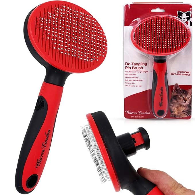 Warren London Self-Cleaning Cat Pin Brush | Push-Button Fur Ejector, Bead-Tipped Nylon Pins – Gentle Shedding & Detangling for Cats, Kittens, Rabbits, Ferrets & Small Dogs | Ergonomic Anti-Slip Grip
