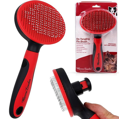 Warren London Self-Cleaning Cat Pin Brush | Push-Button Fur Ejector, Bead-Tipped Nylon Pins – Gentle Shedding & Detangling for Cats, Kittens, Rabbits, Ferrets & Small Dogs | Ergonomic Anti-Slip Grip
