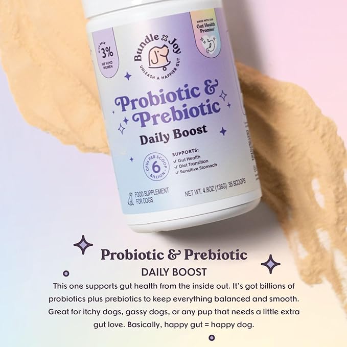 Bundle x Joy Daily Prebiotic & Probiotics for Dogs Boost - Gut Health Immune Formula with Beef Bone Broth for Dogs, 6 Billion CFU Dog Supplements, 35 Scoops, 4.8 oz - Made in USA