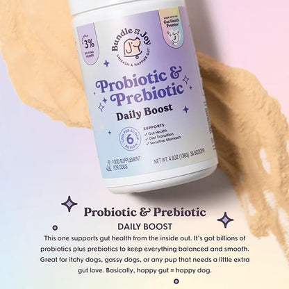 Bundle x Joy Daily Prebiotic & Probiotics for Dogs Boost - Gut Health Immune Formula with Beef Bone Broth for Dogs, 6 Billion CFU Dog Supplements, 35 Scoops, 4.8 oz - Made in USA