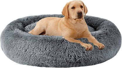 MFOX Calming Dog Bed for Medium and Large Dogs Comfortable Pet Bed Faux Fur Donut Cuddler, Grey, 27.0" L x 27.0" W x 8.0" Th