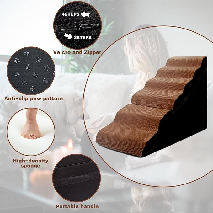MALOROY Dog Steps for High Beds 30-32" H - 6-Step Dog Stairs for Small Dogs, 33D Foam Pet Steps for High Bed with Non-Slip Bottom and Washable Cover, Dogs Ramp for Bed Indoor, Brown