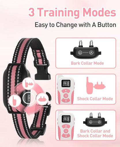 2-in-1 Bark Collar & Shock Collar for Dogs, 3300Ft Dog Training Collar with Remote 2 Pack - Anti Bark/Beep/Vibration/Shock 4 Modes, IP67 Smart Dog E Collar with 5 Adjustable Sensitivity for All Breeds