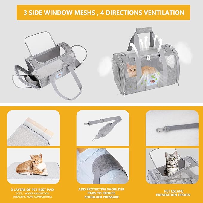SECLATO Cat Carrier Pet Dog Carrier Airline Approved for Puppy Kitten Carriers Under 15lb, Collapsible Soft Sided TSA Approved Travel Carrier-Grey