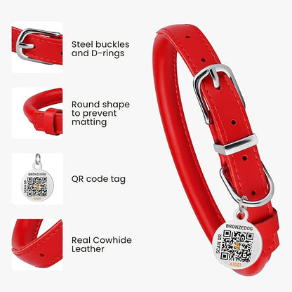 BRONZEDOG Rolled Leather Dog Collar for Small Medium Large Dogs with QR ID Tag (S: 12-14 Inch, Scarlet Red)
