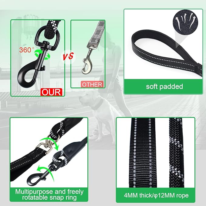 Dog Leash, 6 Foot Dog Leash, 2 Extra Padded Handles, Lockable Metal Carabiner Clip, Reflective No Pull Heavy Duty Rope Lead, Walking, Training, Running, Medium to Large Breeds（Black）