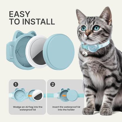 Waterproof Airtag Cat Collar, Breakaway Cat Airtag Collar with Luminous & Reflective Fish Pattern, Lightweight Kitten Collars for Apple Air tag, Hidden GPS Tracker Holder for Cats, Kittens(9-13")