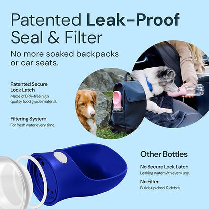 MalsiPree Dog Water Bottle - 19 oz, Navy Blue - One-Hand Leak-Proof Hydration & Pet Water Dispenser - Built-in Travel Bowl & Travel Pet Bowl - BPA-Free for Dog Camping