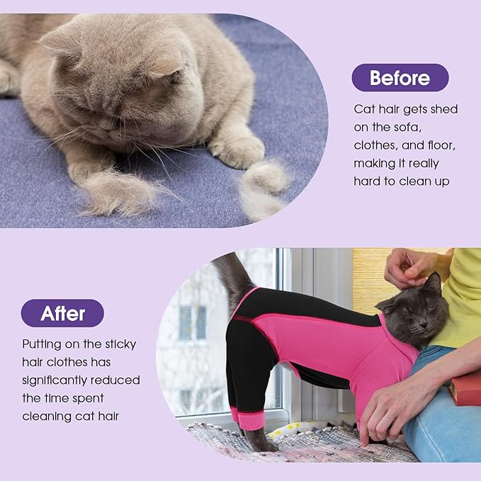 SUNFURA Hair Sticky Cat Clothes, Cat Sweater for Cats Only, 4-Legged Fleece Sweaters Kitten Pajamas Reduce Shedding Fur, Warm Pullover Shirts for Cats, Pink S