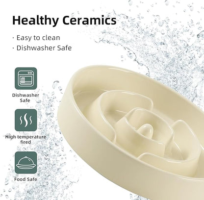 Ceramic Raised Slow Feeder Dog Bowl Set, Elevated 7.3inch Bowl and 8.2inch Puzzle Slow Dish with Wooden Stand for Medium and Large Dog, Anti-Gulping (2X Beige+ Stand)