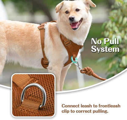 No Pull Dog Harness for Small Medium Large Dogs - Adjustable 2 Layer Mesh Dog Vest with Dual Clip, Escape Proof, Quick Release, Lightweight Breathable Mesh for Walking Hiking (Carmel Brown,L)