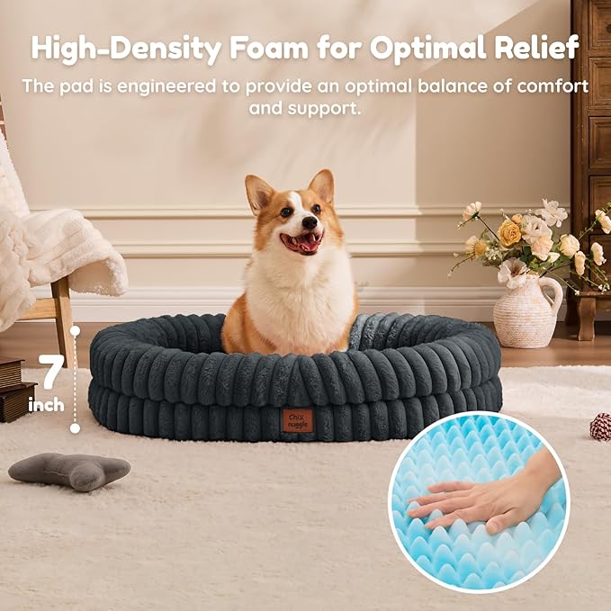 ChiXnuggle Dog Bed Large Sized Dog - Luxury Striped Faux Fur Waterproof Pet Couch with Removable Washable Cover, Orthopedic Pet Bed with Bolster Sides for Sleeping, Dark Grey