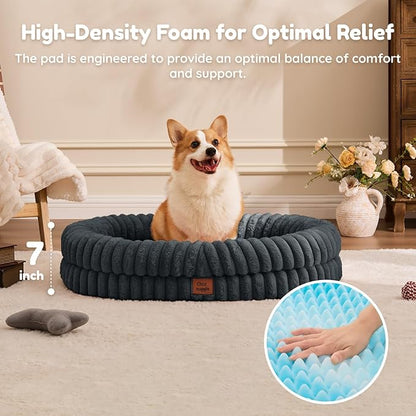 ChiXnuggle Dog Bed Large Sized Dog - Luxury Striped Faux Fur Waterproof Pet Couch with Removable Washable Cover, Orthopedic Pet Bed with Bolster Sides for Sleeping, Dark Grey