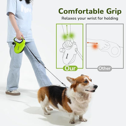 Pecute 32ft Retractable Dog Leash with Poo Bag Holder, Chew Proof Dog Leash with 360° Tangle-Free Extended, Anti-Slip Handle & Quick Brake Button, Suitable for Dogs Up to 110lbs in Weight